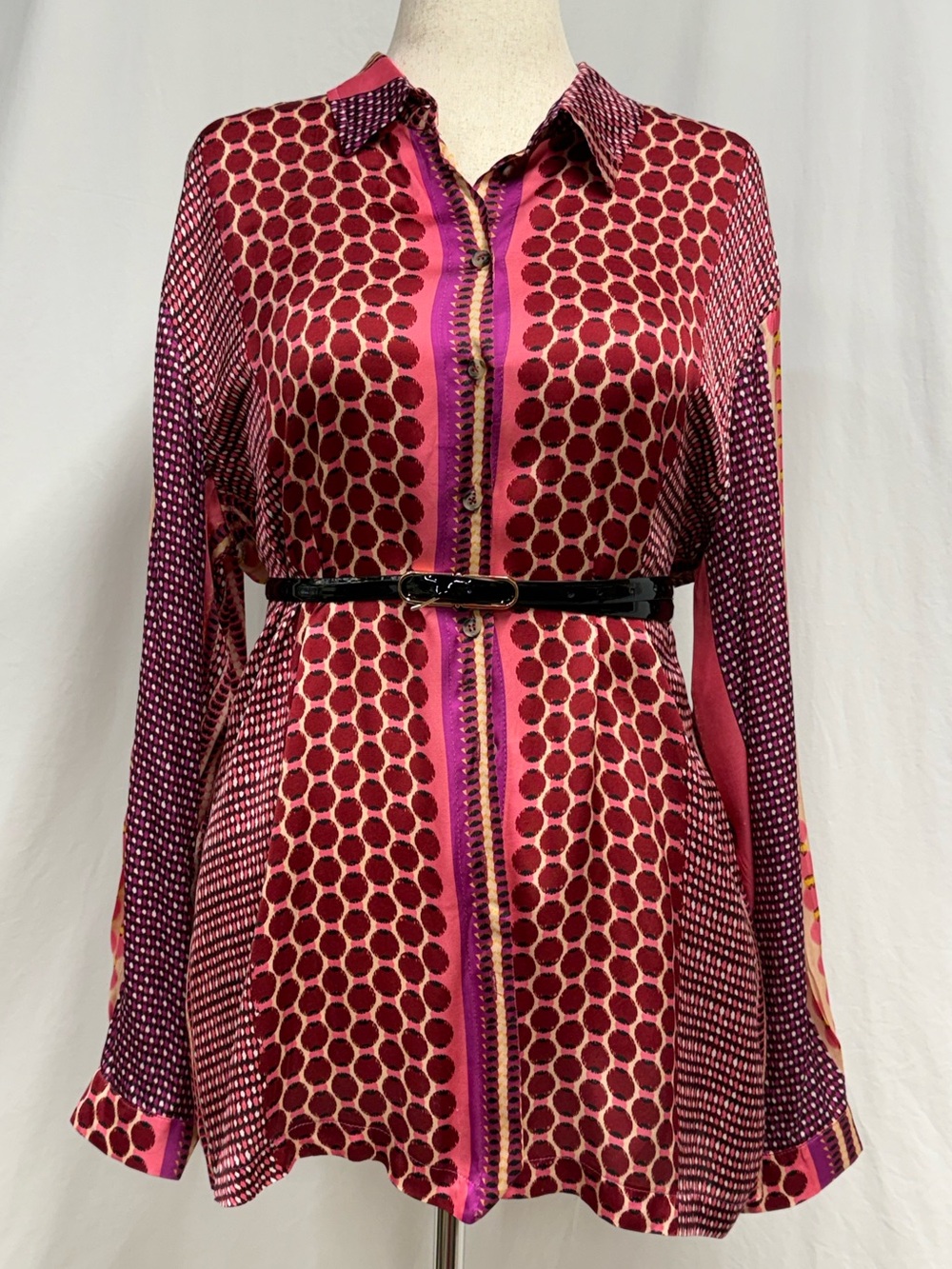 Alembika Long-Sleeve Polka Dot Button-Front Dress in Deep Pink